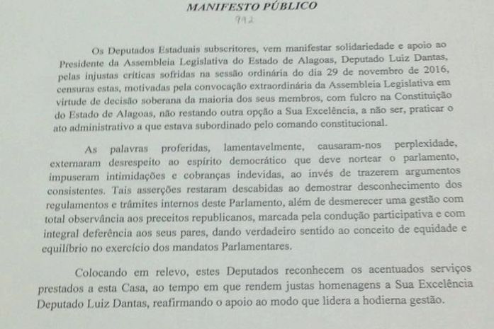 Deputados assinam nota de apoio a Dantas e repudiam ação de Olavo Calheiros