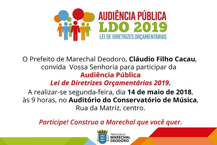 Prefeitura de Marechal Deodoro realiza Audiência Pública para elaboração da LDO na próxima segunda (14)