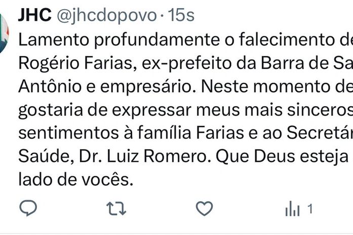 Prefeito JHC lamenta a morte de Rogério Farias