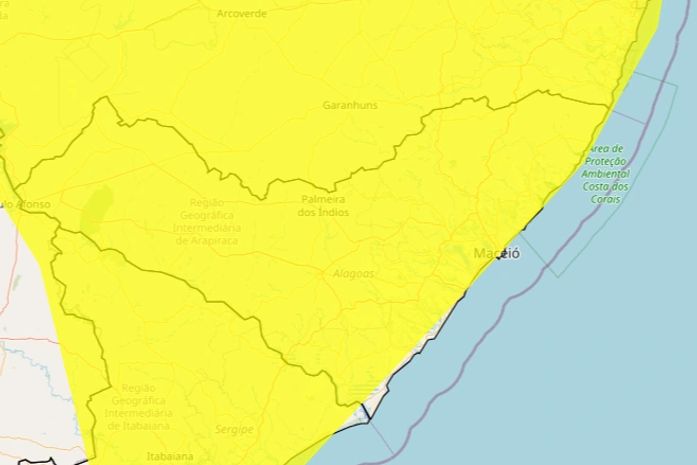 Inmet emite alerta de chuvas intensas para todo o estado de Alagoas até segunda (6)