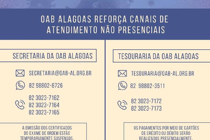 COVID-19: OAB Alagoas reforça canais de atendimento não presenciais