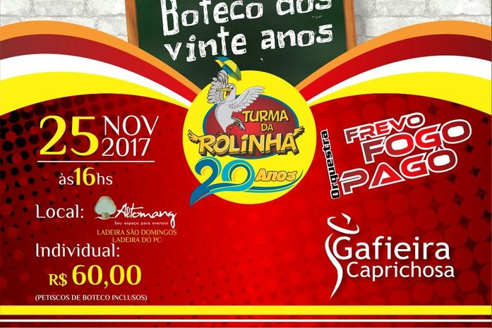 Boteco dos 20 anos da Turma da Rolinha acontece dia 25, no Altomang