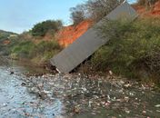 Carreta tomba e cabine fica imersa em açude, na rodovia AL-115