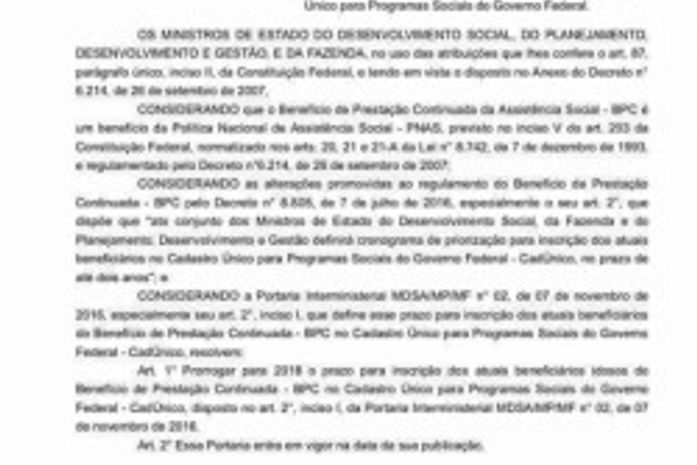 Prazo para cadastro de idosos do BPC foi prorrogado para 2018