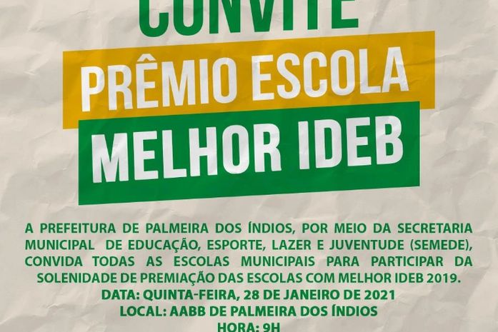 Prefeitura de Palmeira premiará escolas municipais pelo desempenho no IDEB/2019